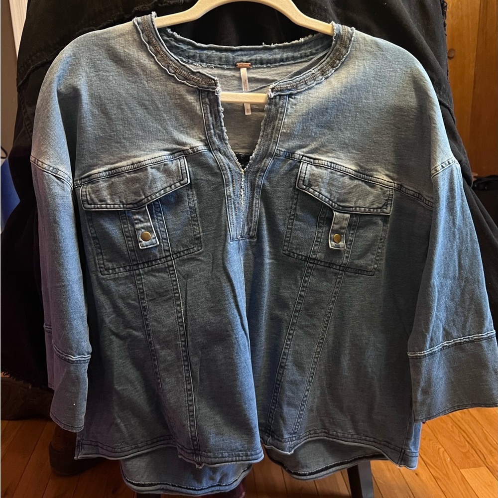 Free People Distressed Blue Denim Top